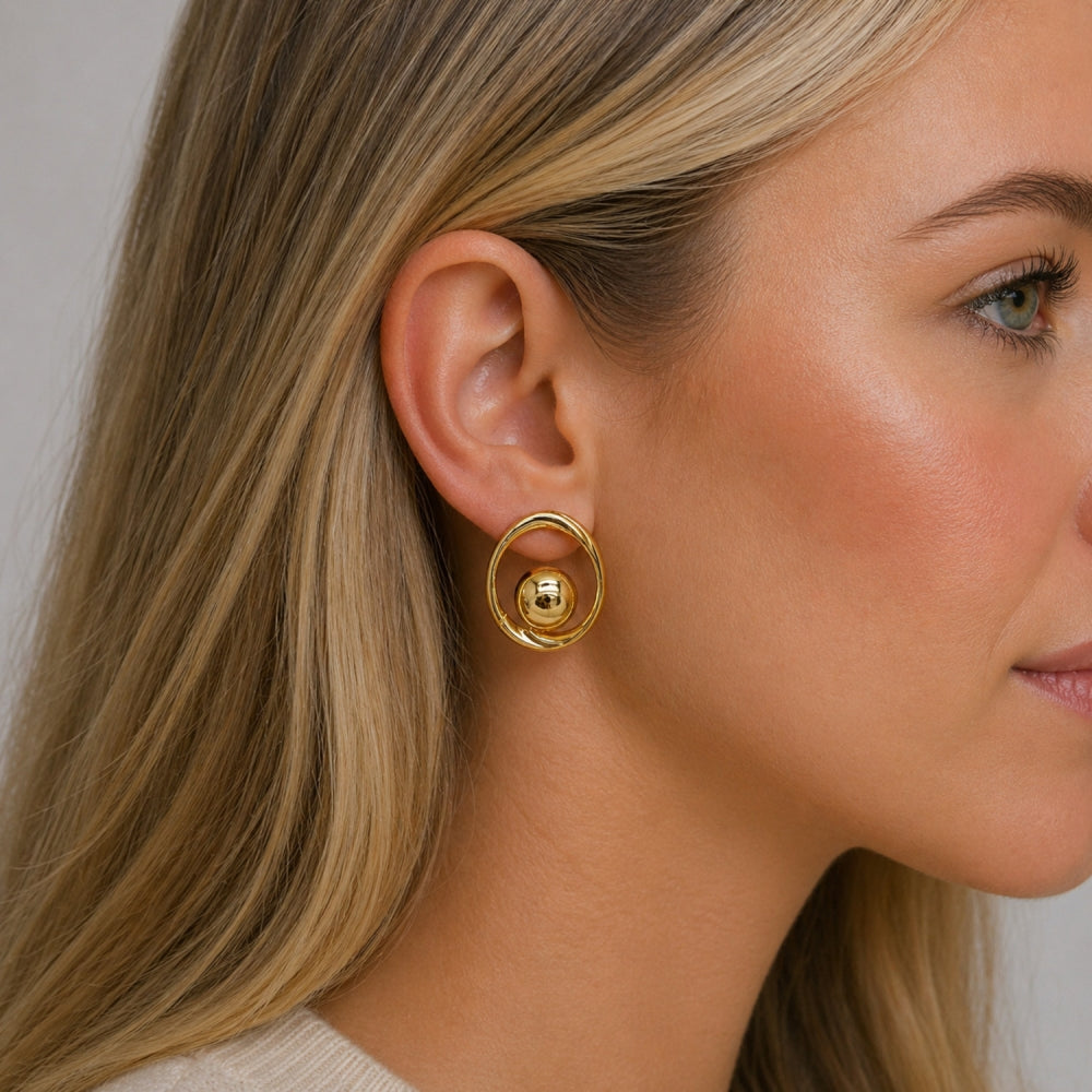 Oro Laminado Stud Earring, Gold Filled Style Ball Design, Polished, Golden Finish