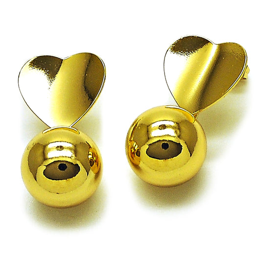 Oro Laminado Dangle Earring, Gold Filled Style Ball and Heart Design, Polished, Golden Finish