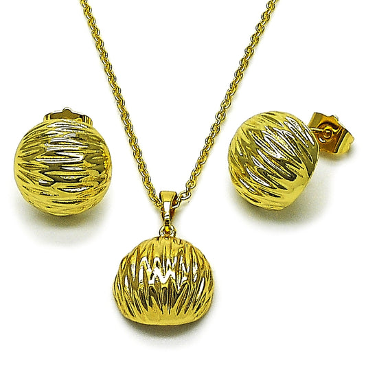 Oro Laminado Earring and Pendant Adult Set, Gold Filled Style Ball Design, Diamond Cutting Finish, Golden Finish