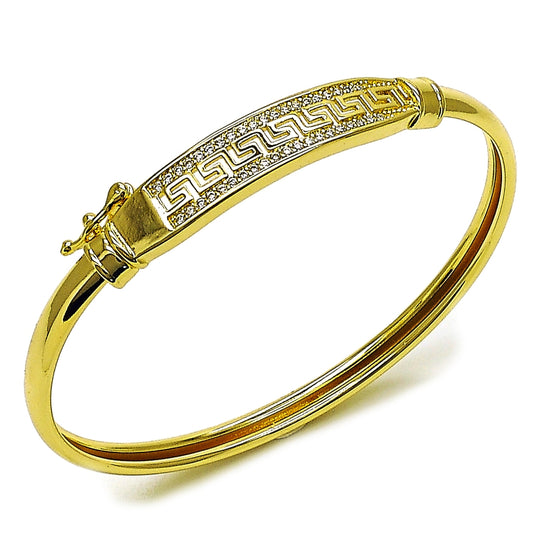 Oro Laminado Individual Bangle, Gold Filled Style Greek Key Design, with White Cubic Zirconia, Polished, Golden Finish