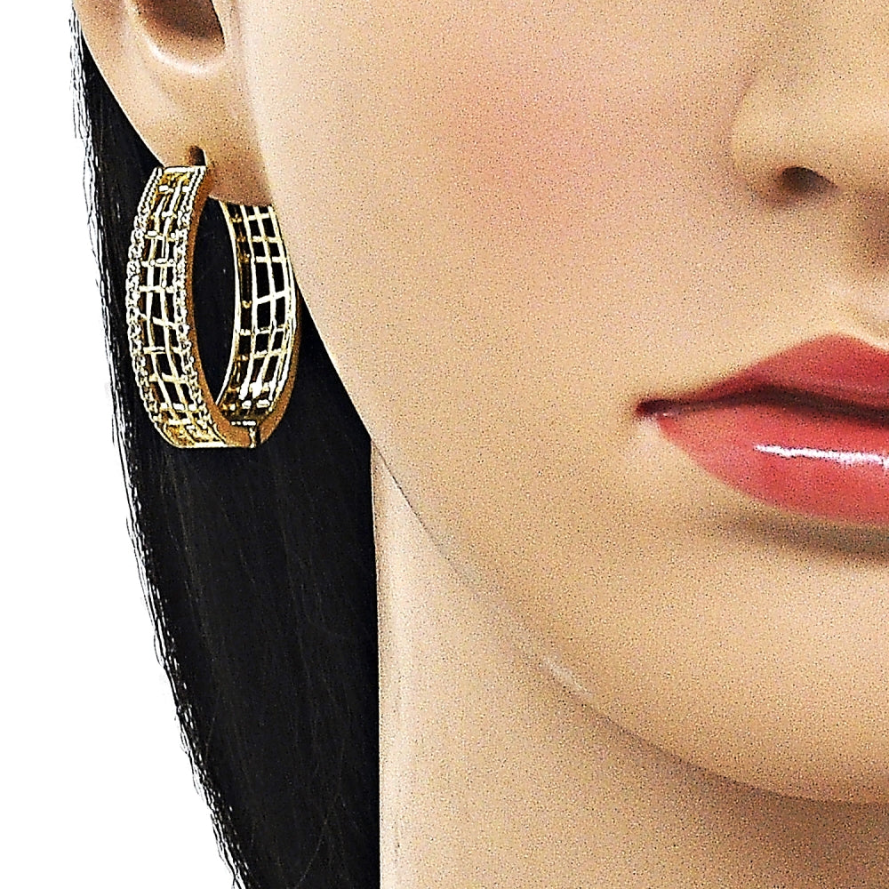 Oro Laminado Huggie Hoop, Gold Filled Style Filigree Design, with White Micro Pave, Polished, Golden Finish