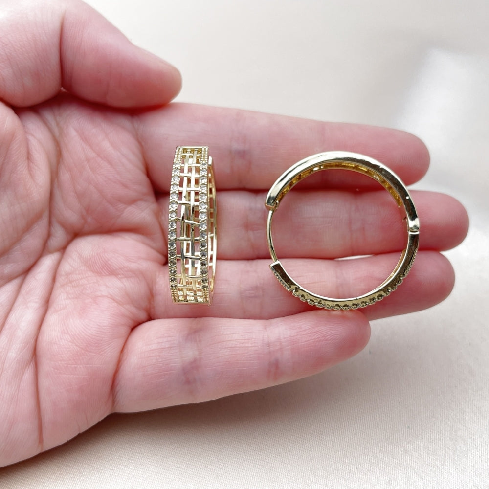 Oro Laminado Huggie Hoop, Gold Filled Style Filigree Design, with White Micro Pave, Polished, Golden Finish
