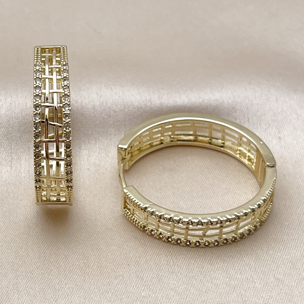 Oro Laminado Huggie Hoop, Gold Filled Style Filigree Design, with White Micro Pave, Polished, Golden Finish