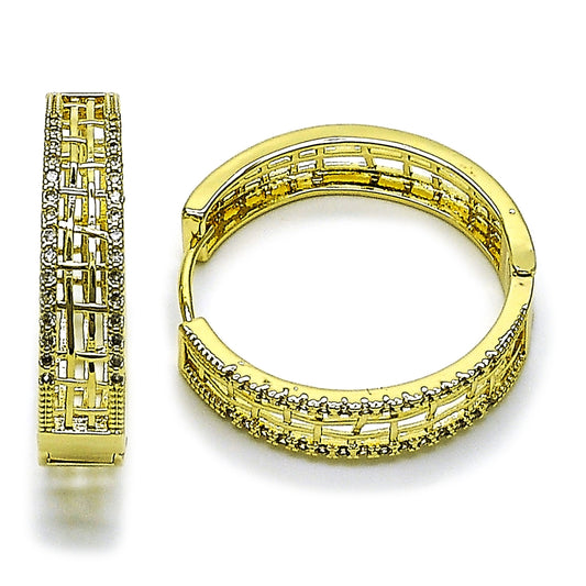 Oro Laminado Huggie Hoop, Gold Filled Style Filigree Design, with White Micro Pave, Polished, Golden Finish