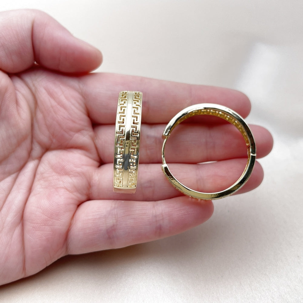 Oro Laminado Huggie Hoop, Gold Filled Style Greek Key Design, Polished, Golden Finish