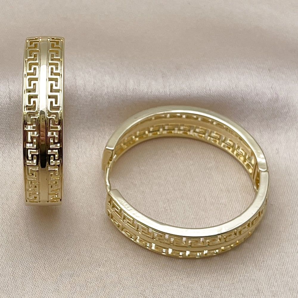 Oro Laminado Huggie Hoop, Gold Filled Style Greek Key Design, Polished, Golden Finish