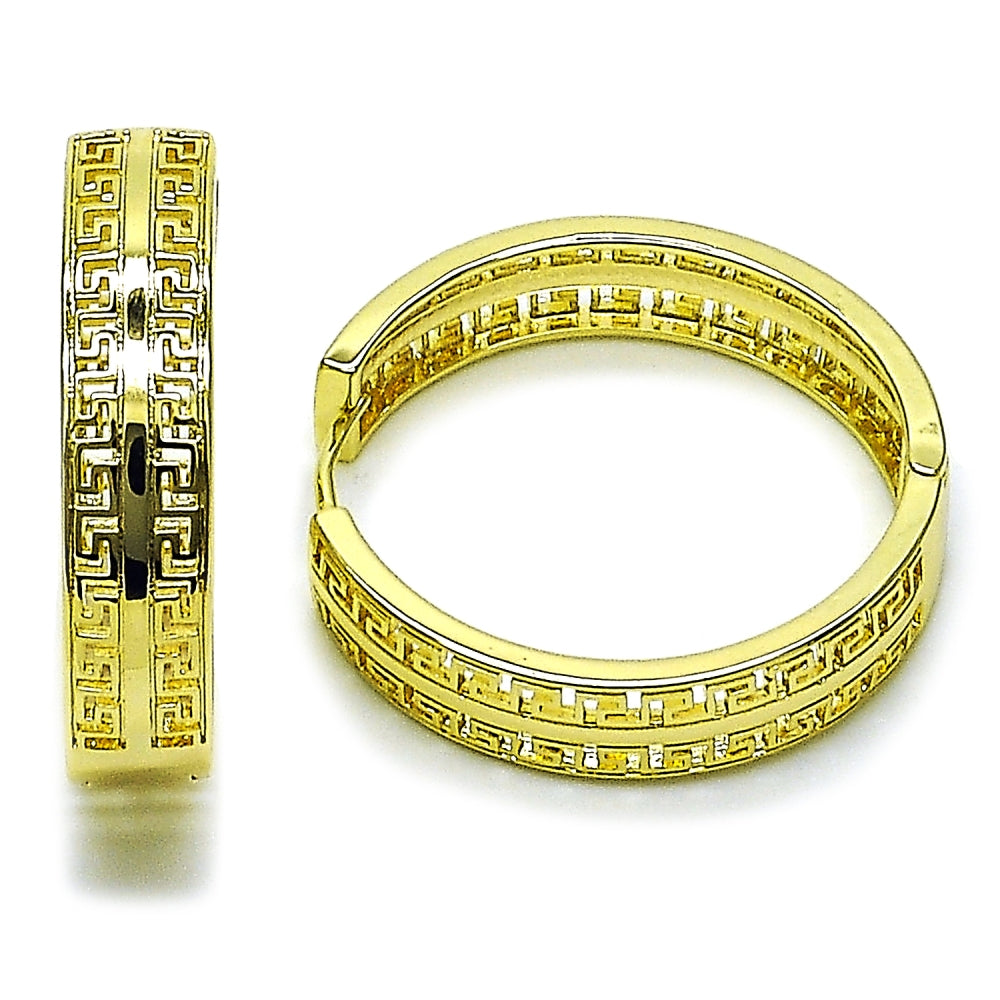 Oro Laminado Huggie Hoop, Gold Filled Style Greek Key Design, Polished, Golden Finish