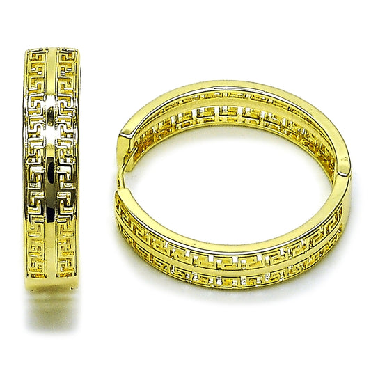 Oro Laminado Huggie Hoop, Gold Filled Style Greek Key Design, Polished, Golden Finish