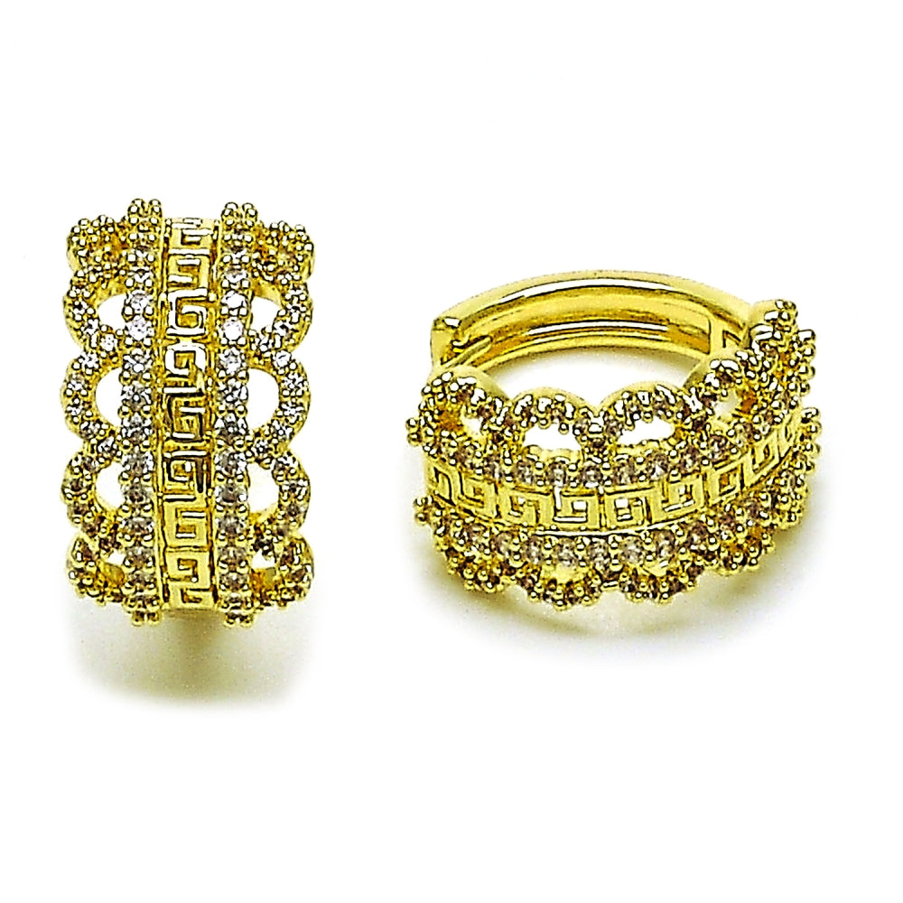 Oro Laminado Huggie Hoop, Gold Filled Style Greek Key Design, with White Cubic Zirconia, Polished, Golden Finish