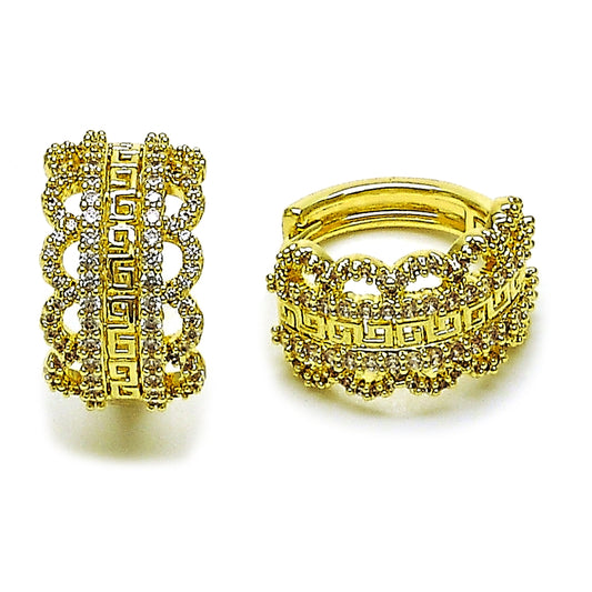 Oro Laminado Huggie Hoop, Gold Filled Style Greek Key Design, with White Cubic Zirconia, Polished, Golden Finish