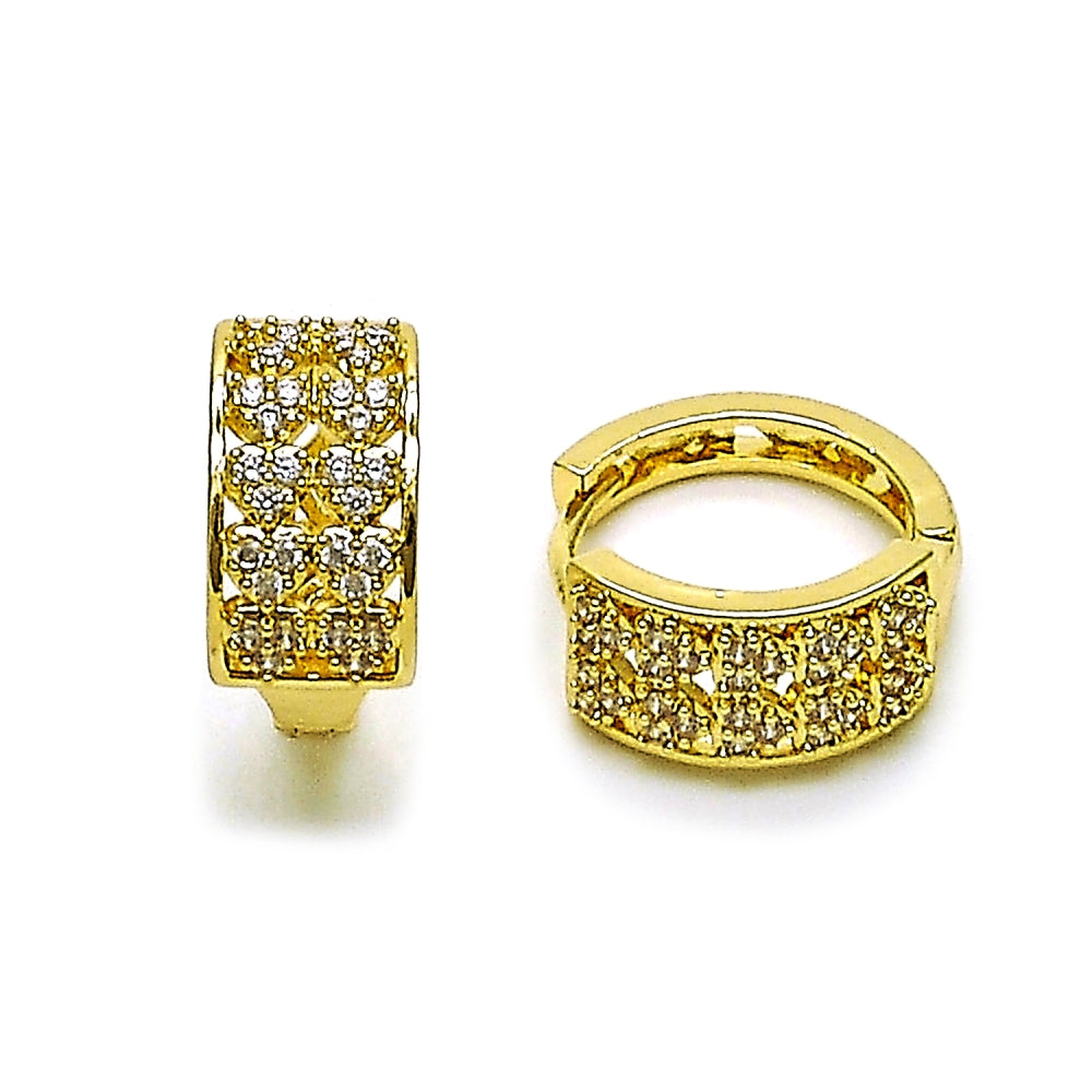 Oro Laminado Huggie Hoop, Gold Filled Style Heart Design, with White Cubic Zirconia, Polished, Golden Finish