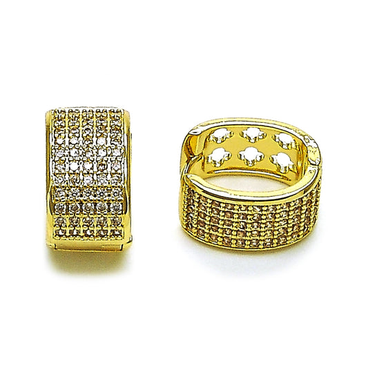 Oro Laminado Huggie Hoop, Gold Filled Style Four-leaf Clover Design, with White Cubic Zirconia, Polished, Golden Finish