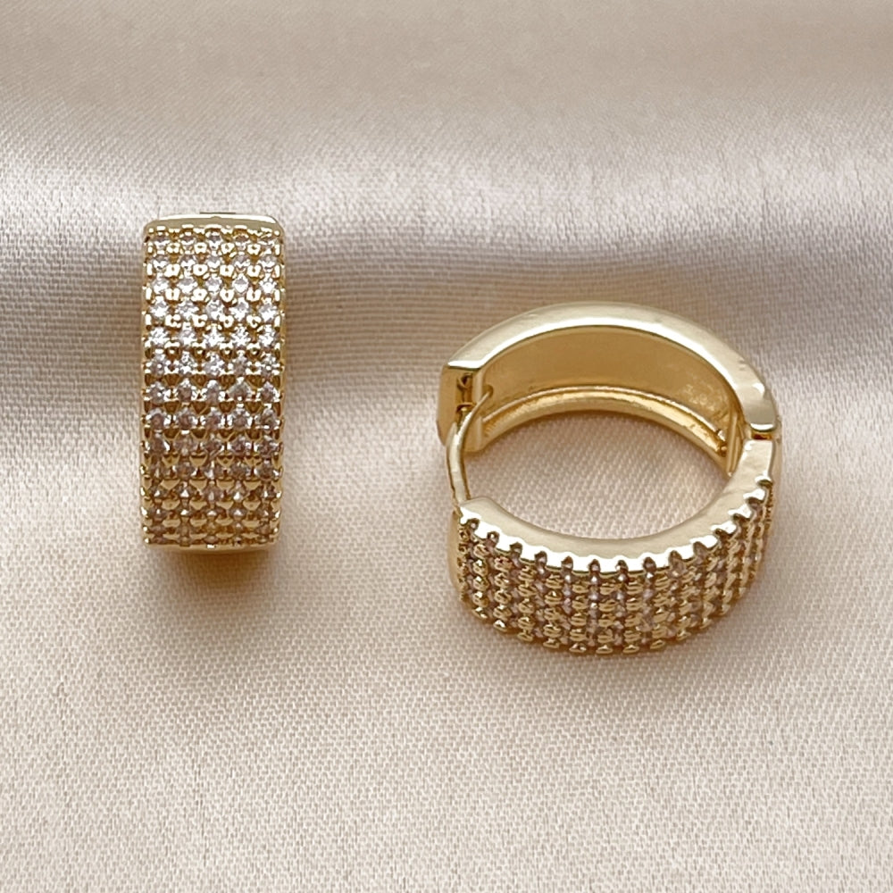Oro Laminado Huggie Hoop, Gold Filled Style with White Micro Pave, Polished, Golden Finish