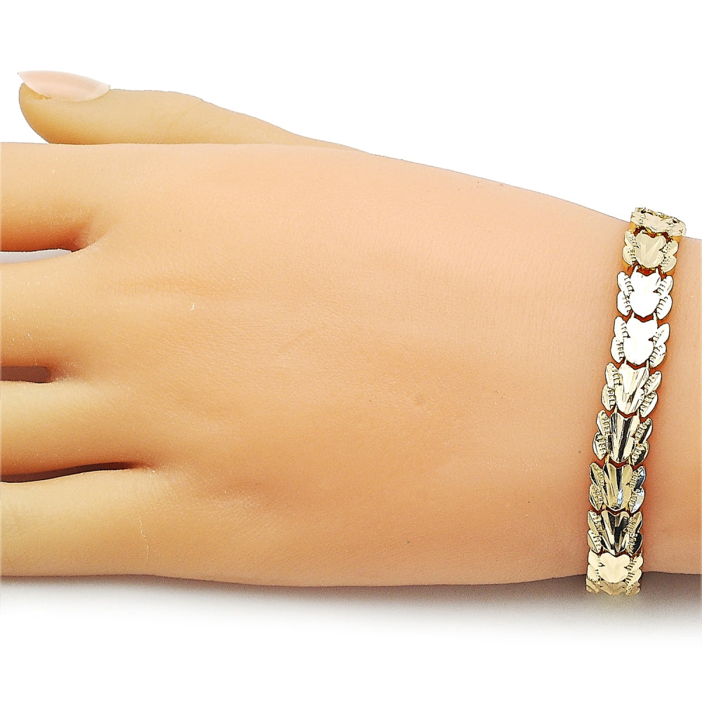 Oro Laminado Solid Bracelet, Gold Filled Style Heart Design, Diamond Cutting Finish, Golden Finish