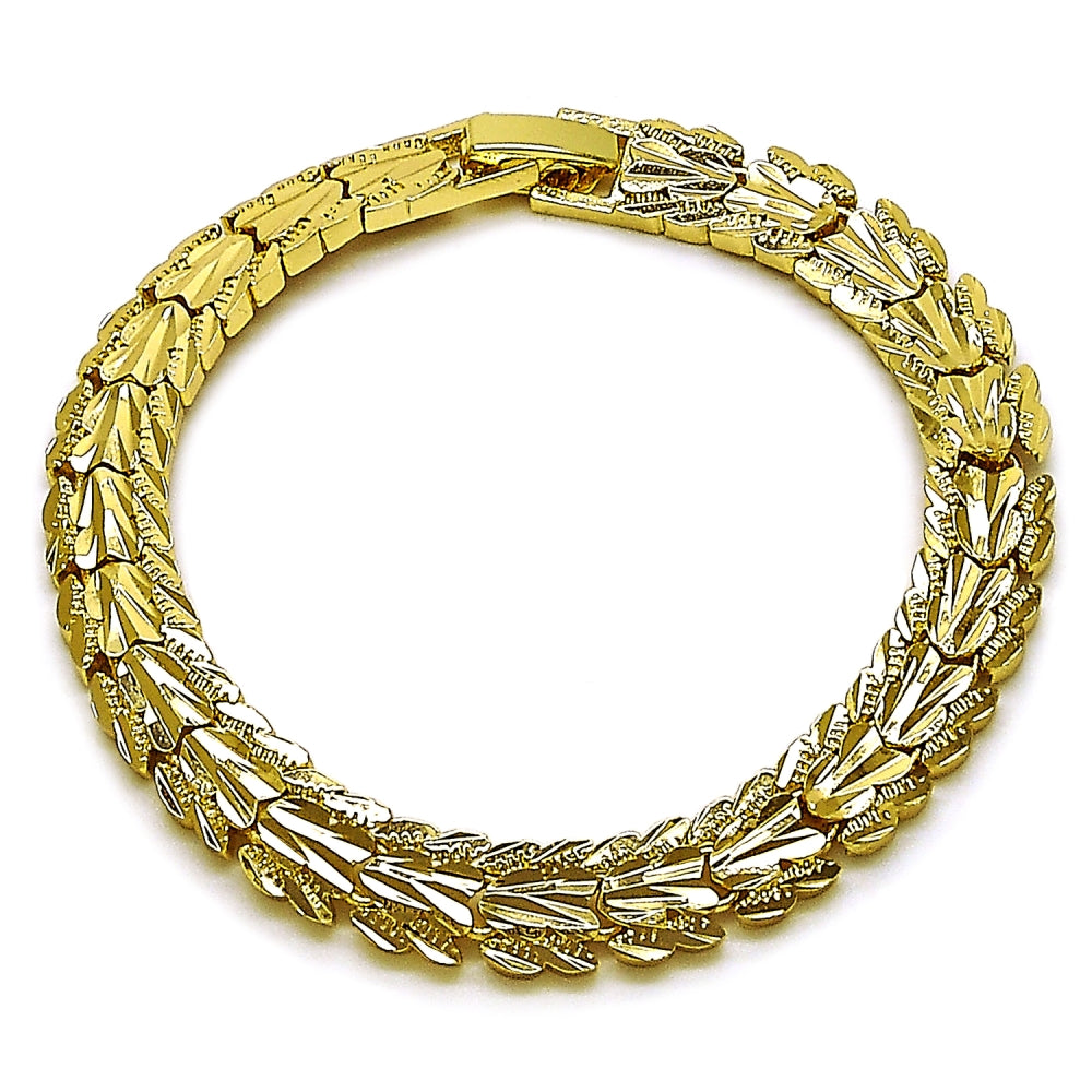 Oro Laminado Solid Bracelet, Gold Filled Style Heart Design, Diamond Cutting Finish, Golden Finish