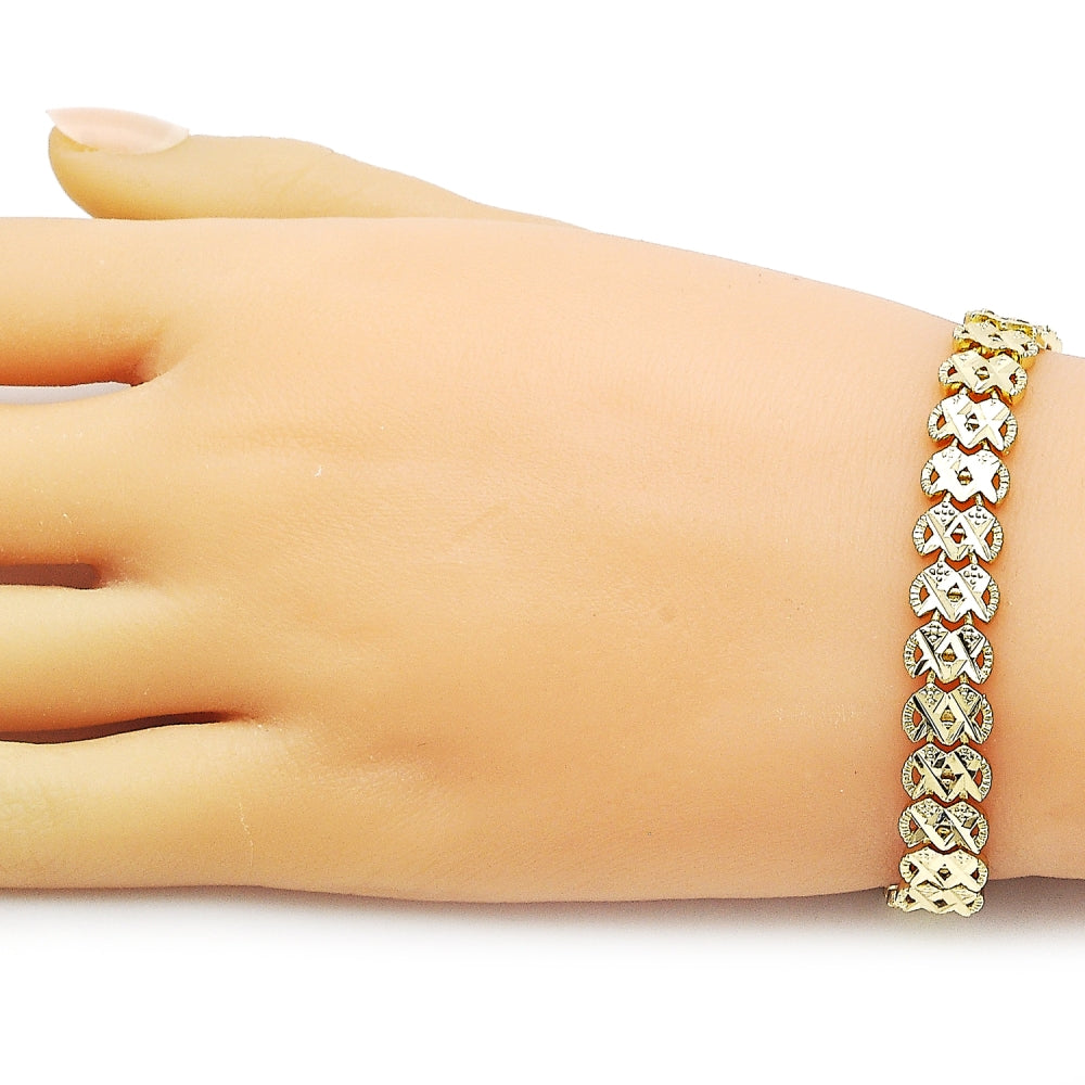 Oro Laminado Solid Bracelet, Gold Filled Style Heart Design, Diamond Cutting Finish, Golden Finish