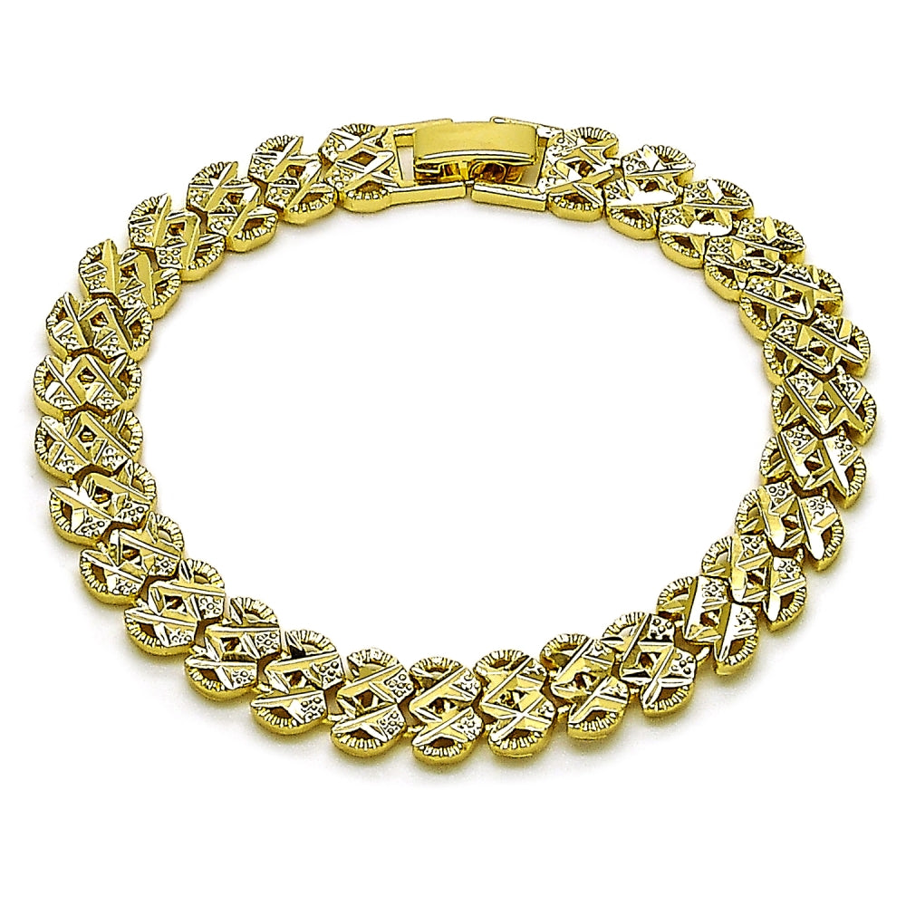 Oro Laminado Solid Bracelet, Gold Filled Style Heart Design, Diamond Cutting Finish, Golden Finish