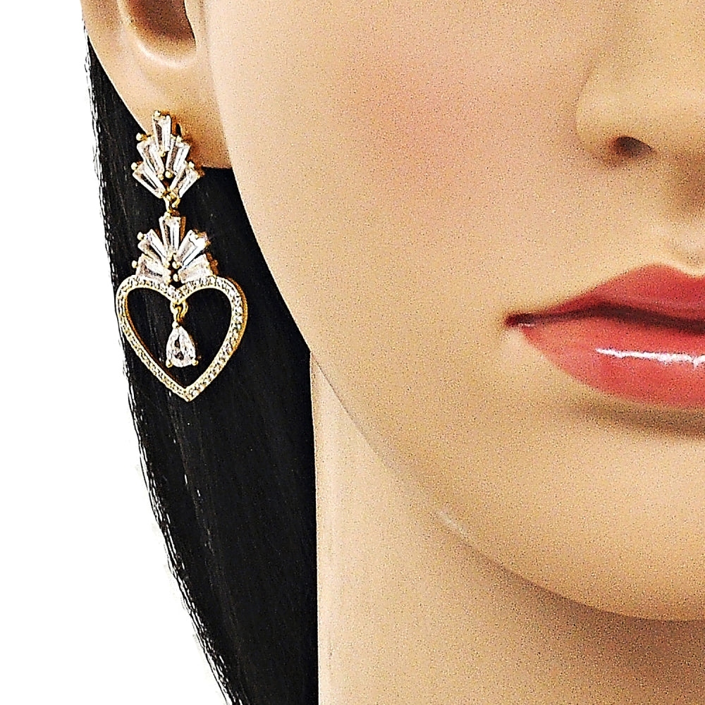 Oro Laminado Long Earring, Gold Filled Style Heart and Baguette Design, with White Cubic Zirconia and White Micro Pave, Polished, Golden Finish