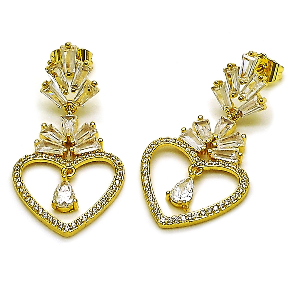 Oro Laminado Long Earring, Gold Filled Style Heart and Baguette Design, with White Cubic Zirconia and White Micro Pave, Polished, Golden Finish