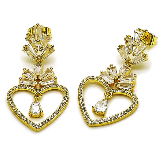 Oro Laminado Long Earring, Gold Filled Style Heart and Baguette Design, with White Cubic Zirconia and White Micro Pave, Polished, Golden Finish