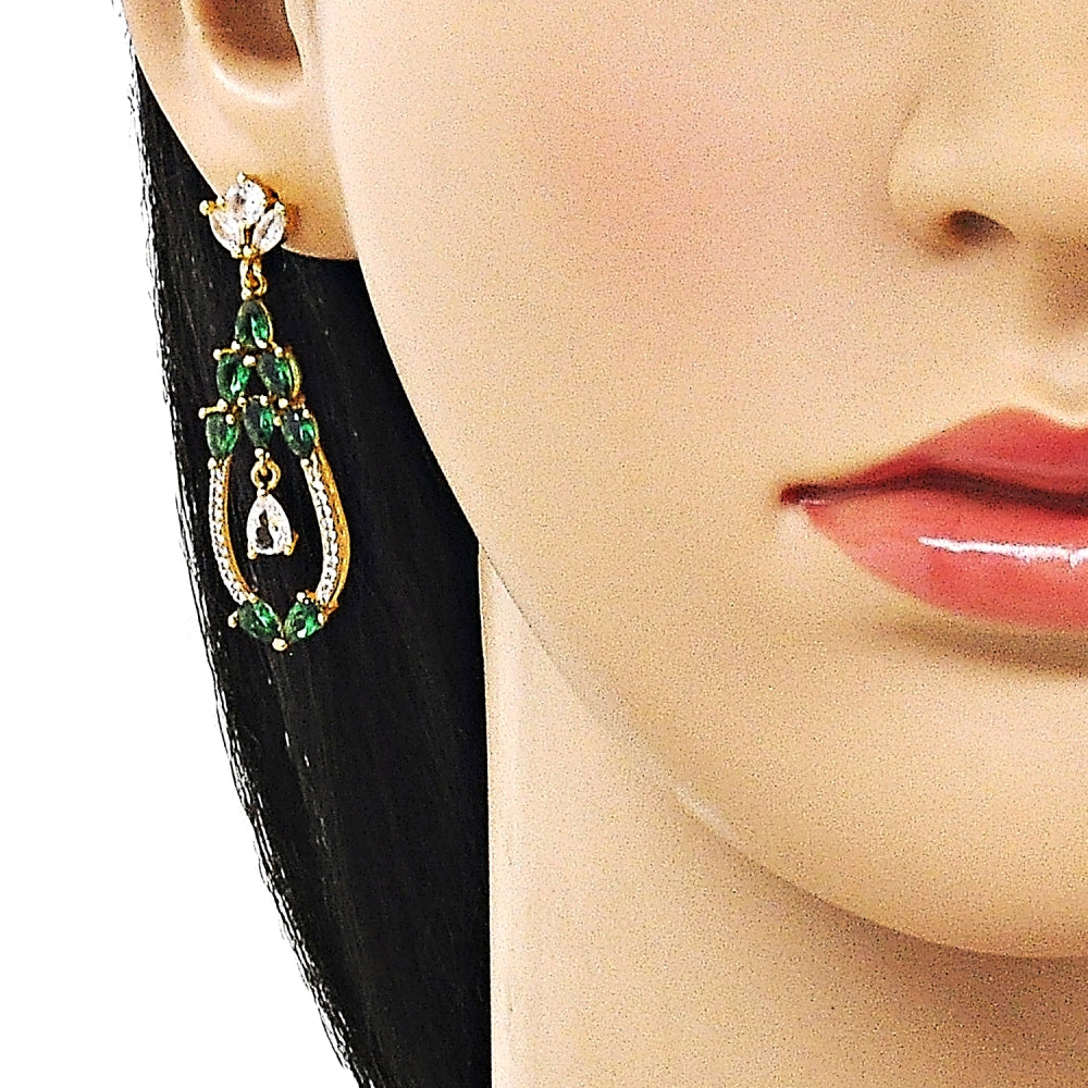 Oro Laminado Long Earring, Gold Filled Style Teardrop Design, with Green and White Cubic Zirconia, Polished, Golden Finish