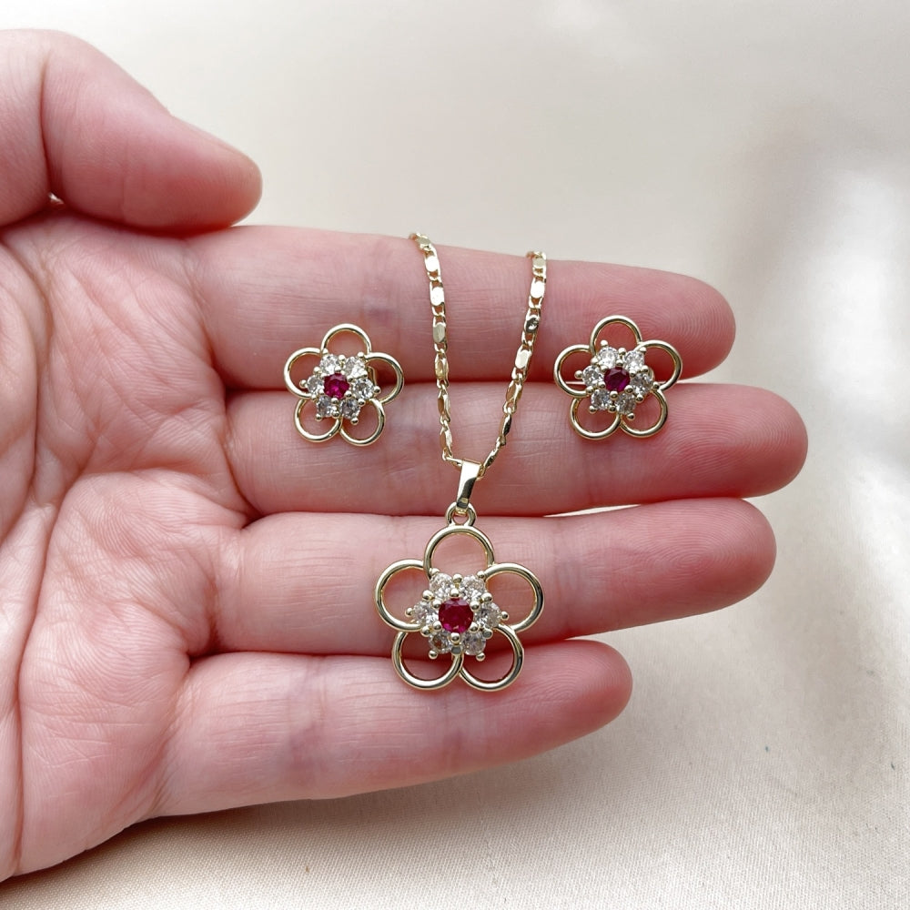 Oro Laminado Earring and Pendant Adult Set, Gold Filled Style Flower Design, with White and Ruby Cubic Zirconia, Polished, Golden Finish