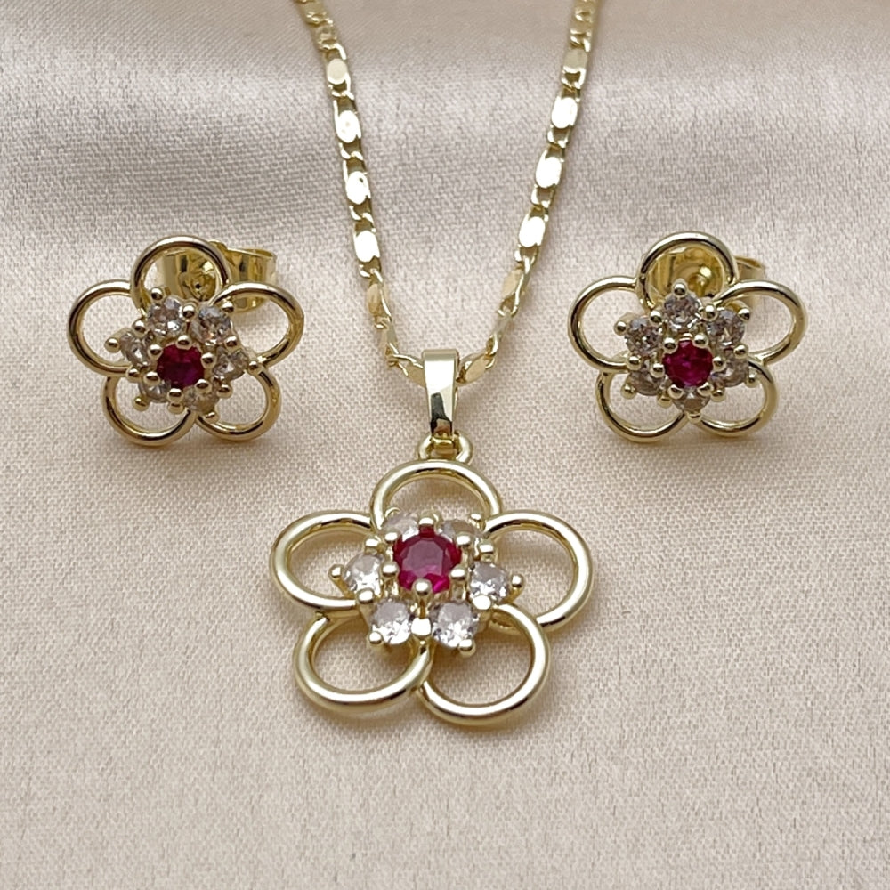 Oro Laminado Earring and Pendant Adult Set, Gold Filled Style Flower Design, with White and Ruby Cubic Zirconia, Polished, Golden Finish