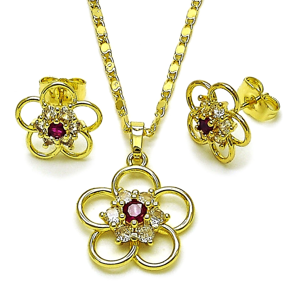 Oro Laminado Earring and Pendant Adult Set, Gold Filled Style Flower Design, with White and Ruby Cubic Zirconia, Polished, Golden Finish