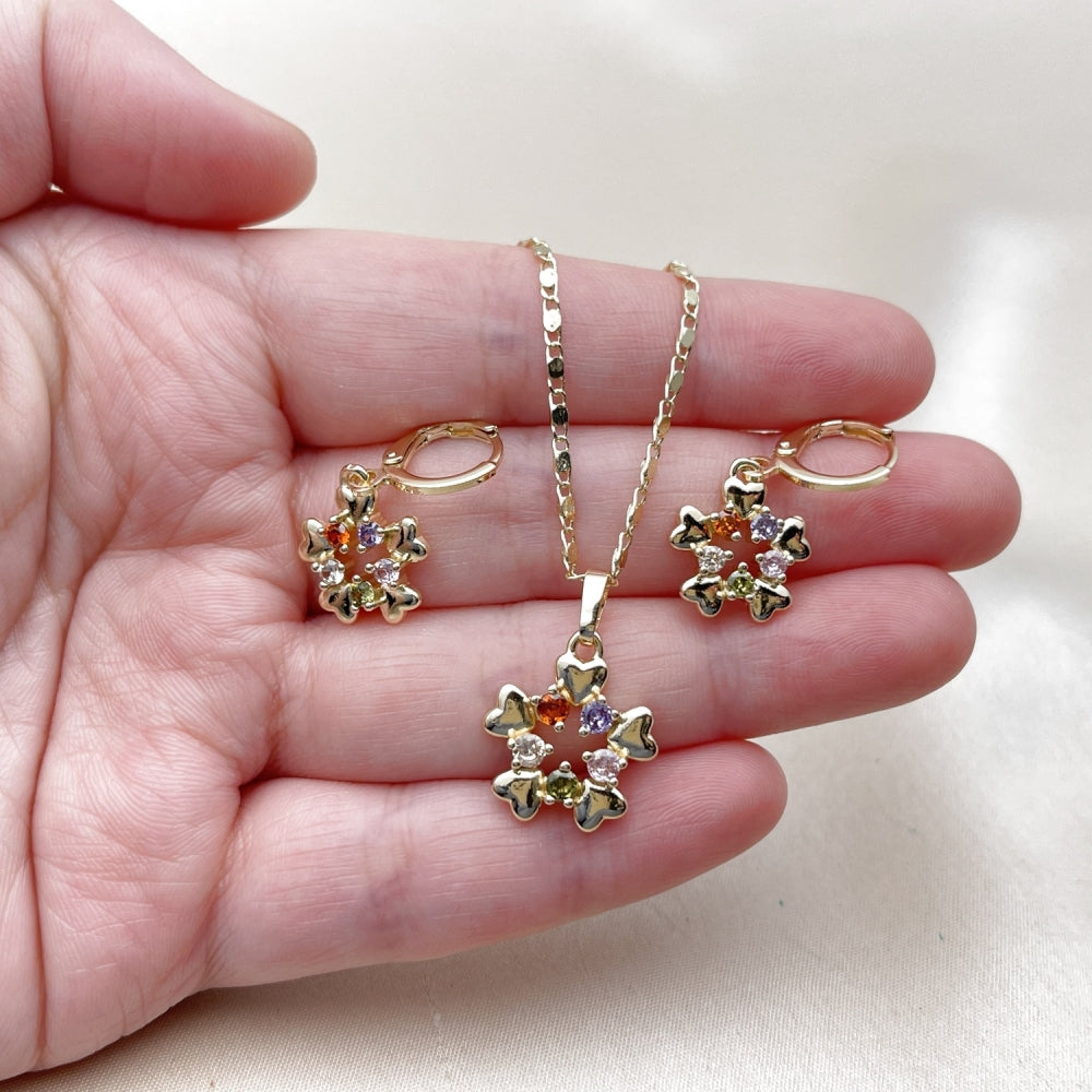 Oro Laminado Earring and Pendant Adult Set, Gold Filled Style Flower and Heart Design, with Multicolor Cubic Zirconia, Polished, Golden Finish