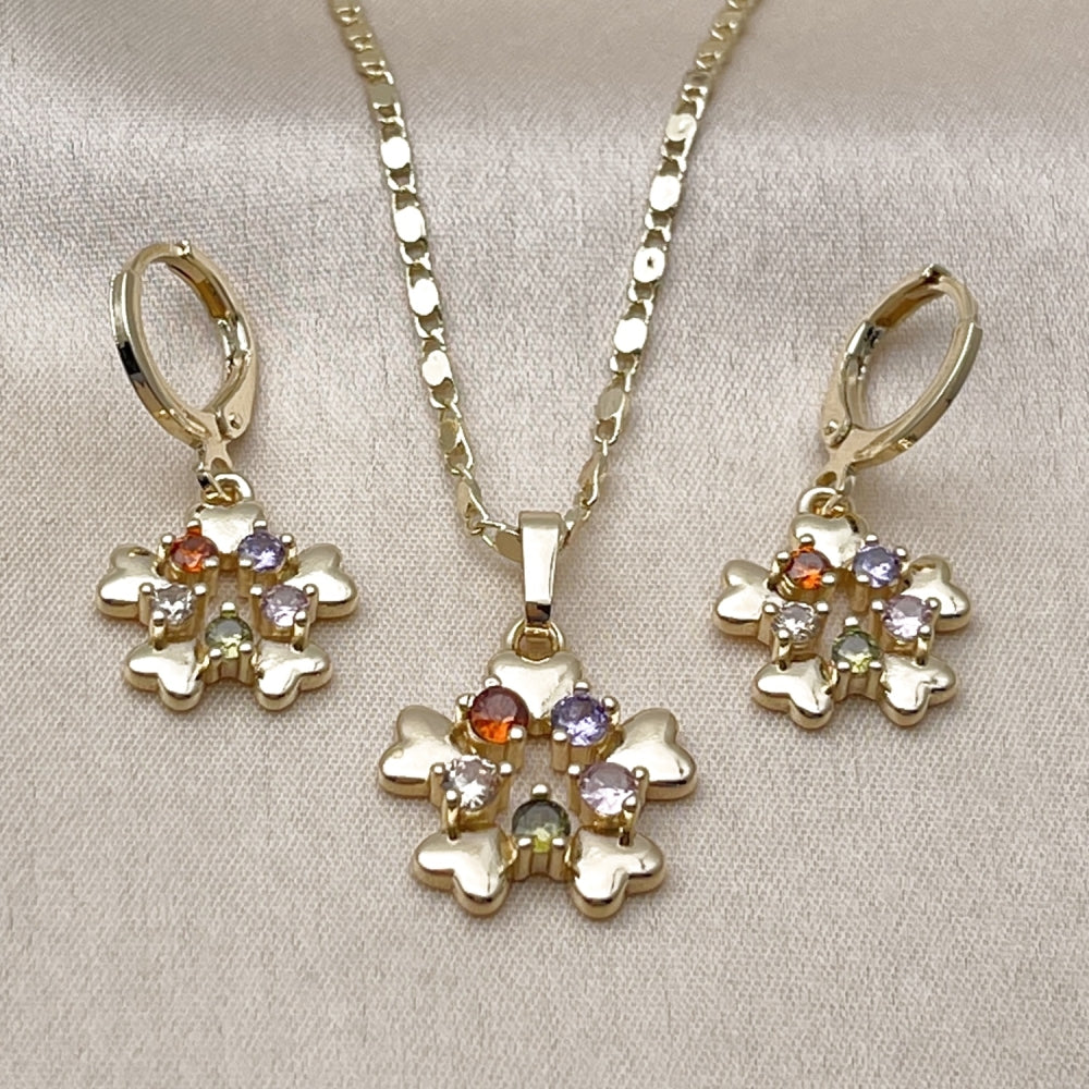 Oro Laminado Earring and Pendant Adult Set, Gold Filled Style Flower and Heart Design, with Multicolor Cubic Zirconia, Polished, Golden Finish