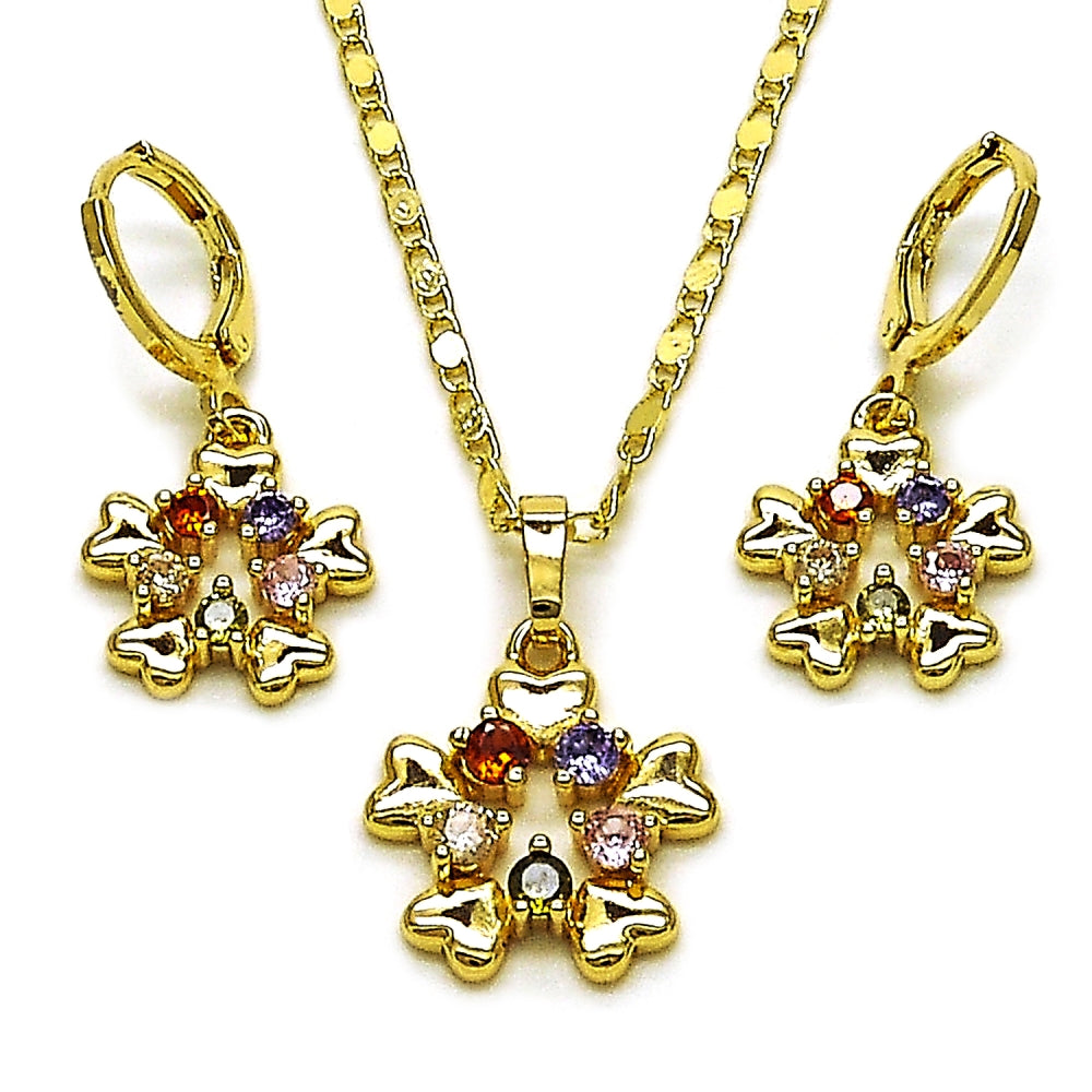 Oro Laminado Earring and Pendant Adult Set, Gold Filled Style Flower and Heart Design, with Multicolor Cubic Zirconia, Polished, Golden Finish