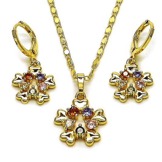 Oro Laminado Earring and Pendant Adult Set, Gold Filled Style Flower and Heart Design, with Multicolor Cubic Zirconia, Polished, Golden Finish