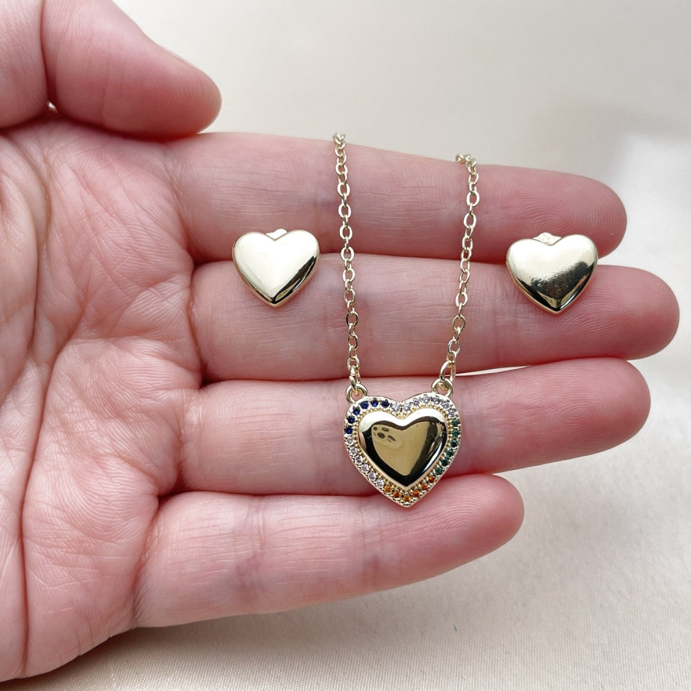 Oro Laminado Earring and Pendant Adult Set, Gold Filled Style Heart Design, with Multicolor Micro Pave, Polished, Golden Finish