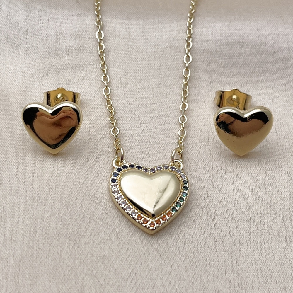 Oro Laminado Earring and Pendant Adult Set, Gold Filled Style Heart Design, with Multicolor Micro Pave, Polished, Golden Finish