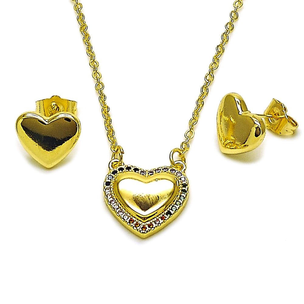 Oro Laminado Earring and Pendant Adult Set, Gold Filled Style Heart Design, with Multicolor Micro Pave, Polished, Golden Finish