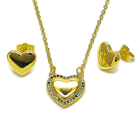 Oro Laminado Earring and Pendant Adult Set, Gold Filled Style Heart Design, with Multicolor Micro Pave, Polished, Golden Finish
