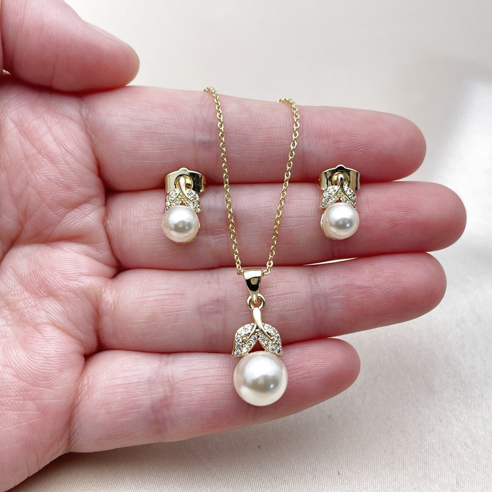 Oro Laminado Earring and Pendant Adult Set, Gold Filled Style Leaf and Ball Design, with Ivory Pearl and White Cubic Zirconia, Polished, Golden Finish