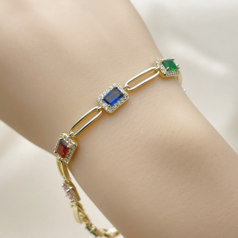 Oro Laminado Tennis Bracelet, Gold Filled Style Cluster Design, with White and Multicolor Cubic Zirconia, Polished, Golden Finish