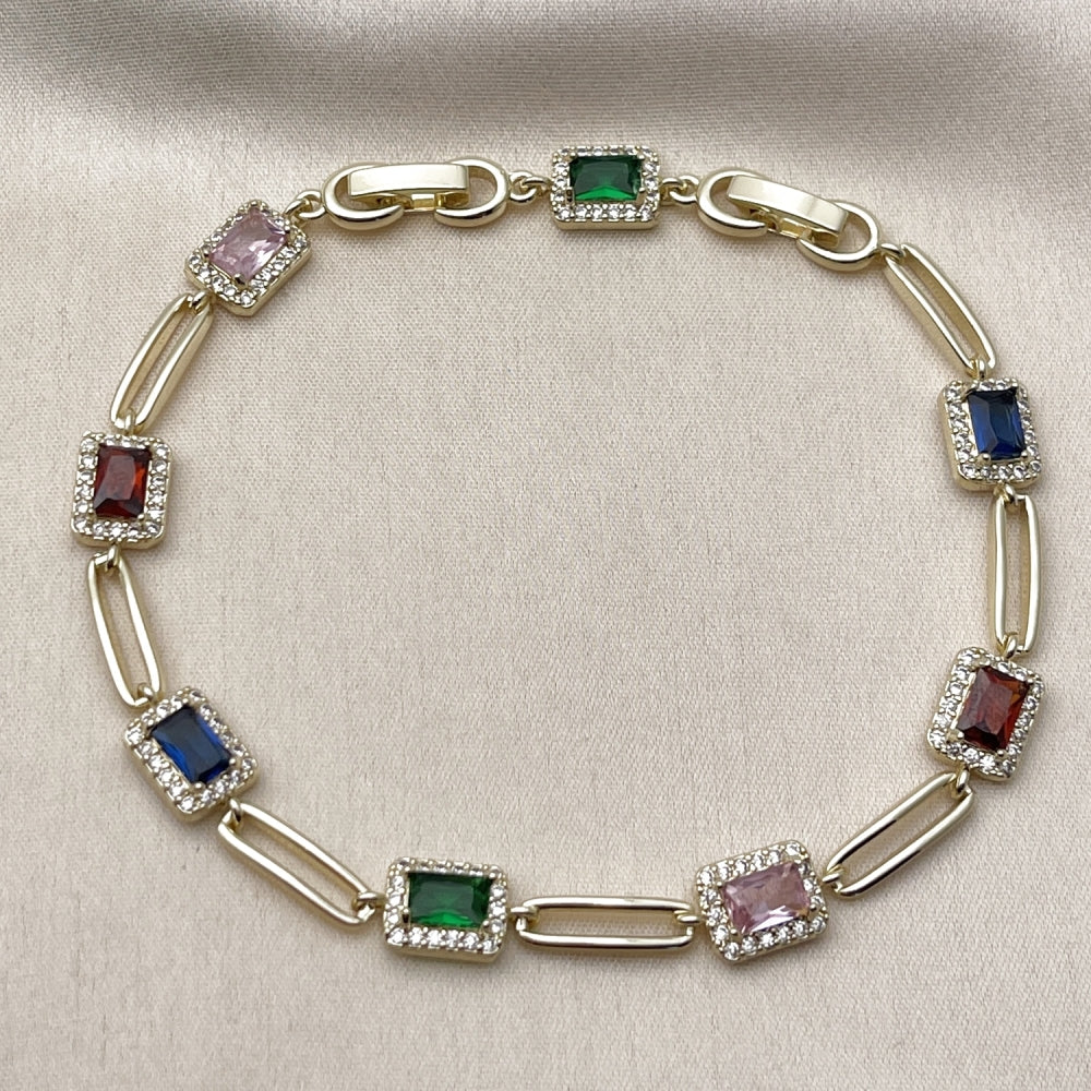 Oro Laminado Tennis Bracelet, Gold Filled Style Cluster Design, with White and Multicolor Cubic Zirconia, Polished, Golden Finish