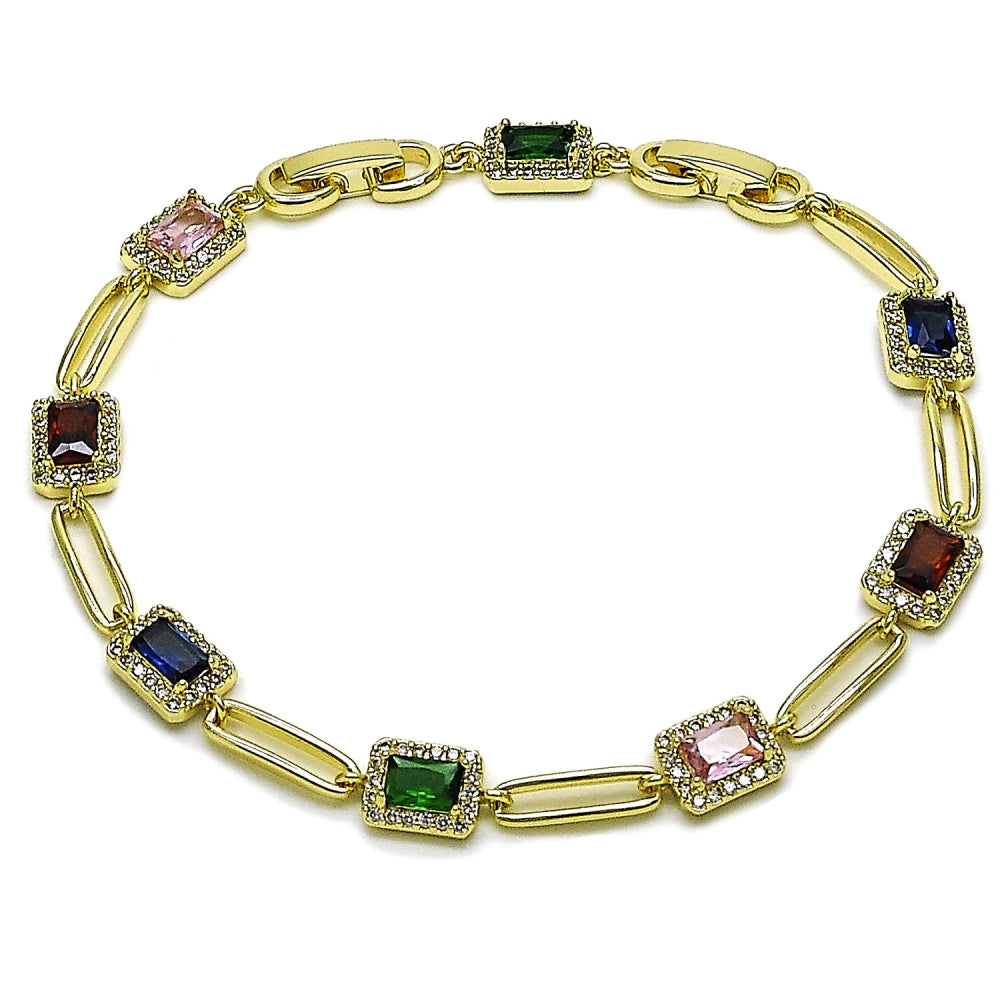 Oro Laminado Tennis Bracelet, Gold Filled Style Cluster Design, with White and Multicolor Cubic Zirconia, Polished, Golden Finish