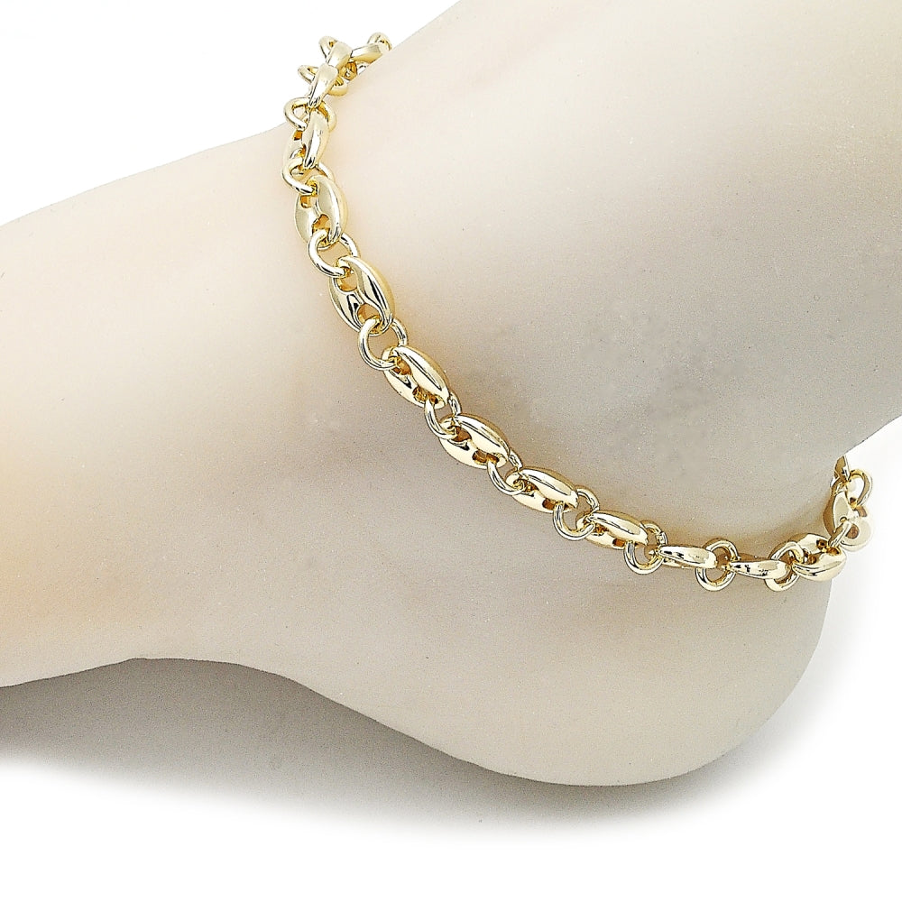 Oro Laminado Fancy Anklet, Gold Filled Style Puff Mariner Design, Polished, Golden Finish