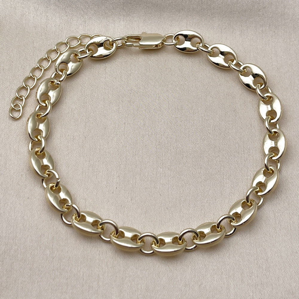 Oro Laminado Fancy Anklet, Gold Filled Style Puff Mariner Design, Polished, Golden Finish