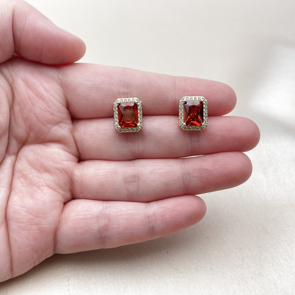 Oro Laminado Stud Earring, Gold Filled Style Cluster Design, with Garnet Cubic Zirconia and White Micro Pave, Polished, Golden Finish