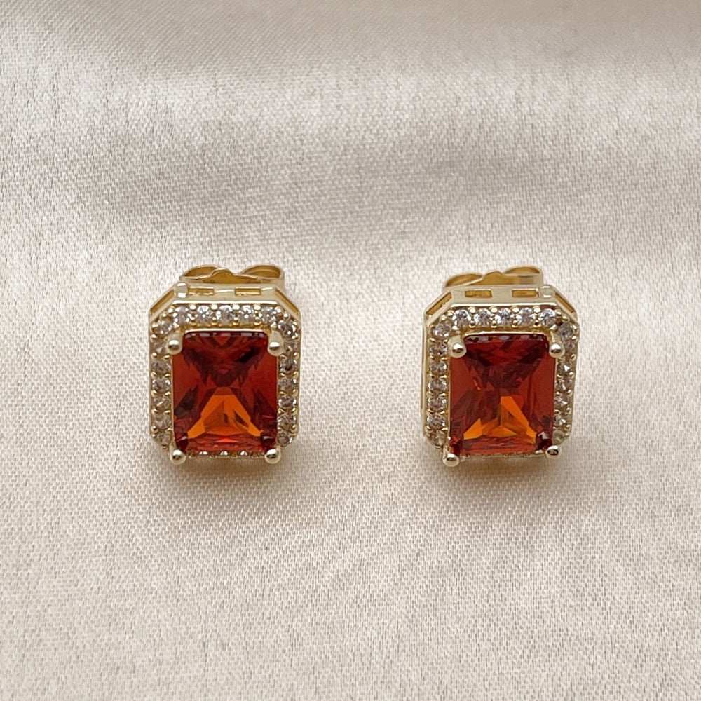 Oro Laminado Stud Earring, Gold Filled Style Cluster Design, with Garnet Cubic Zirconia and White Micro Pave, Polished, Golden Finish