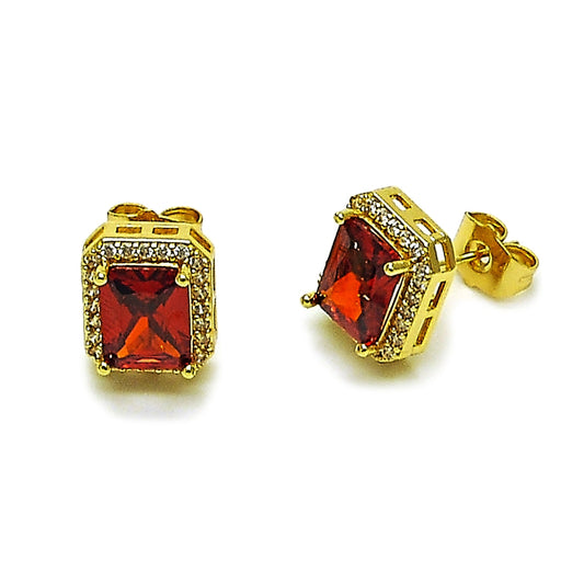 Oro Laminado Stud Earring, Gold Filled Style Cluster Design, with Garnet Cubic Zirconia and White Micro Pave, Polished, Golden Finish