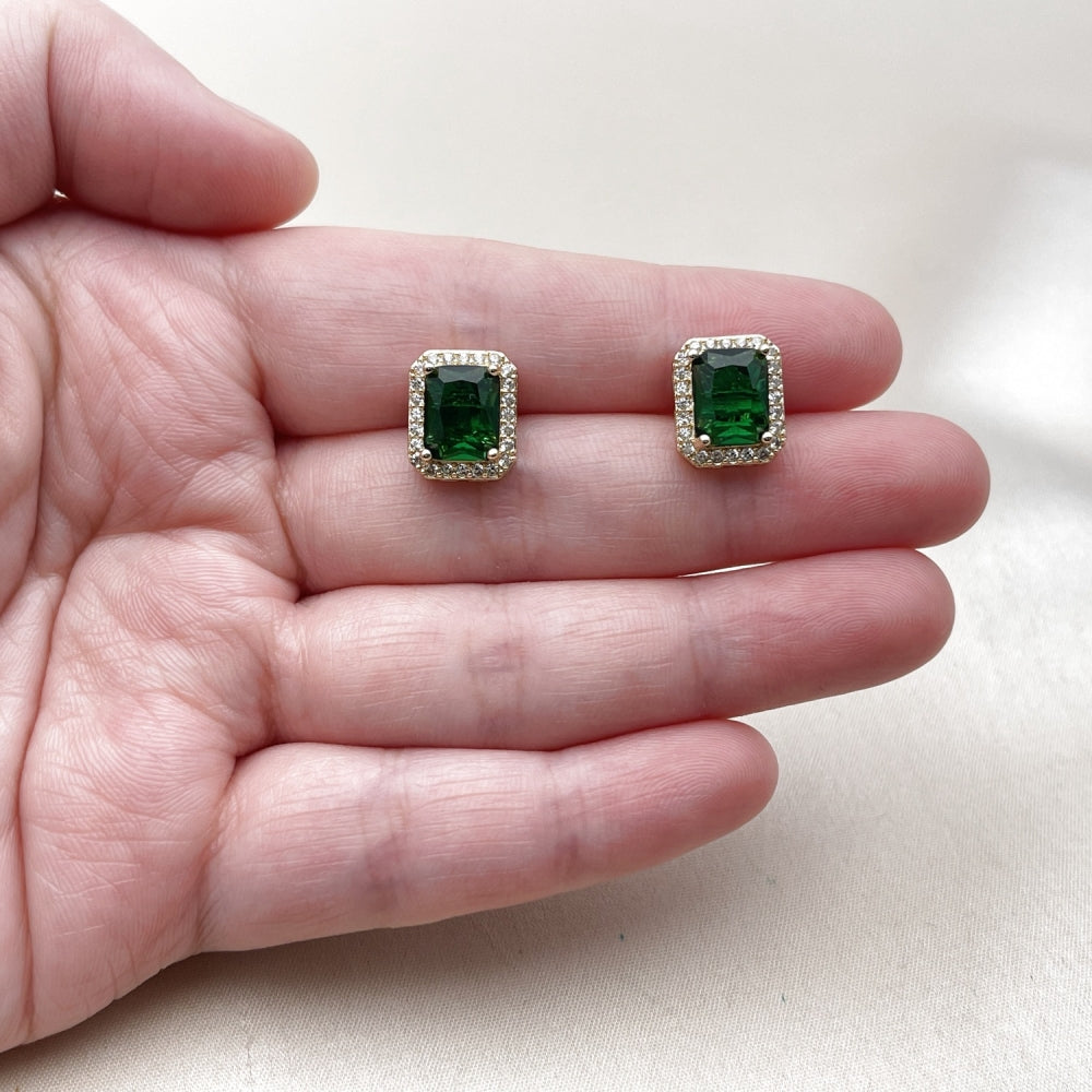 Oro Laminado Stud Earring, Gold Filled Style Cluster Design, with Green Cubic Zirconia and White Micro Pave, Polished, Golden Finish
