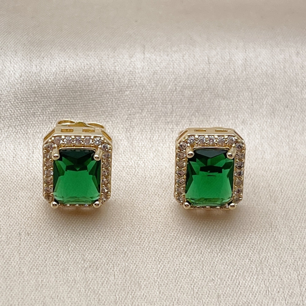 Oro Laminado Stud Earring, Gold Filled Style Cluster Design, with Green Cubic Zirconia and White Micro Pave, Polished, Golden Finish