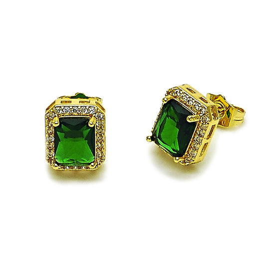 Oro Laminado Stud Earring, Gold Filled Style Cluster Design, with Green Cubic Zirconia and White Micro Pave, Polished, Golden Finish