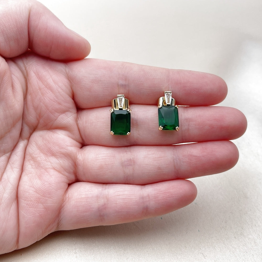 Oro Laminado Stud Earring, Gold Filled Style Baguette Design, with Green and White Cubic Zirconia, Polished, Golden Finish