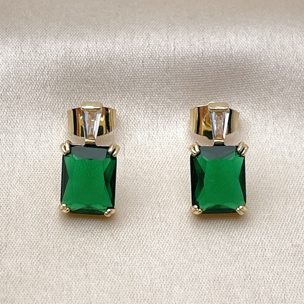 Oro Laminado Stud Earring, Gold Filled Style Baguette Design, with Green and White Cubic Zirconia, Polished, Golden Finish